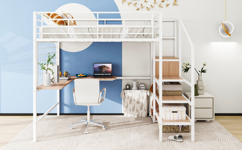 White metal loft bed with integrated desk and stairs