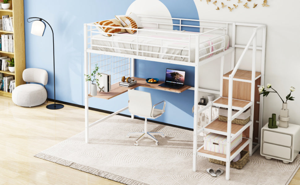 White metal loft bed with integrated desk and storage stairs
