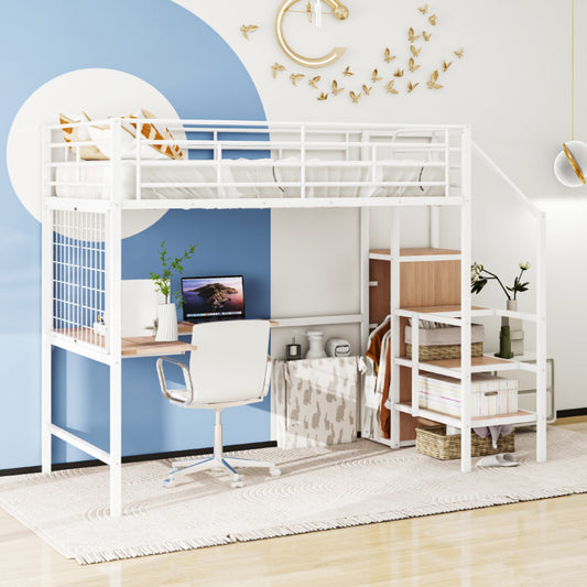 White metal loft bed with integrated desk and shelving for a childs room