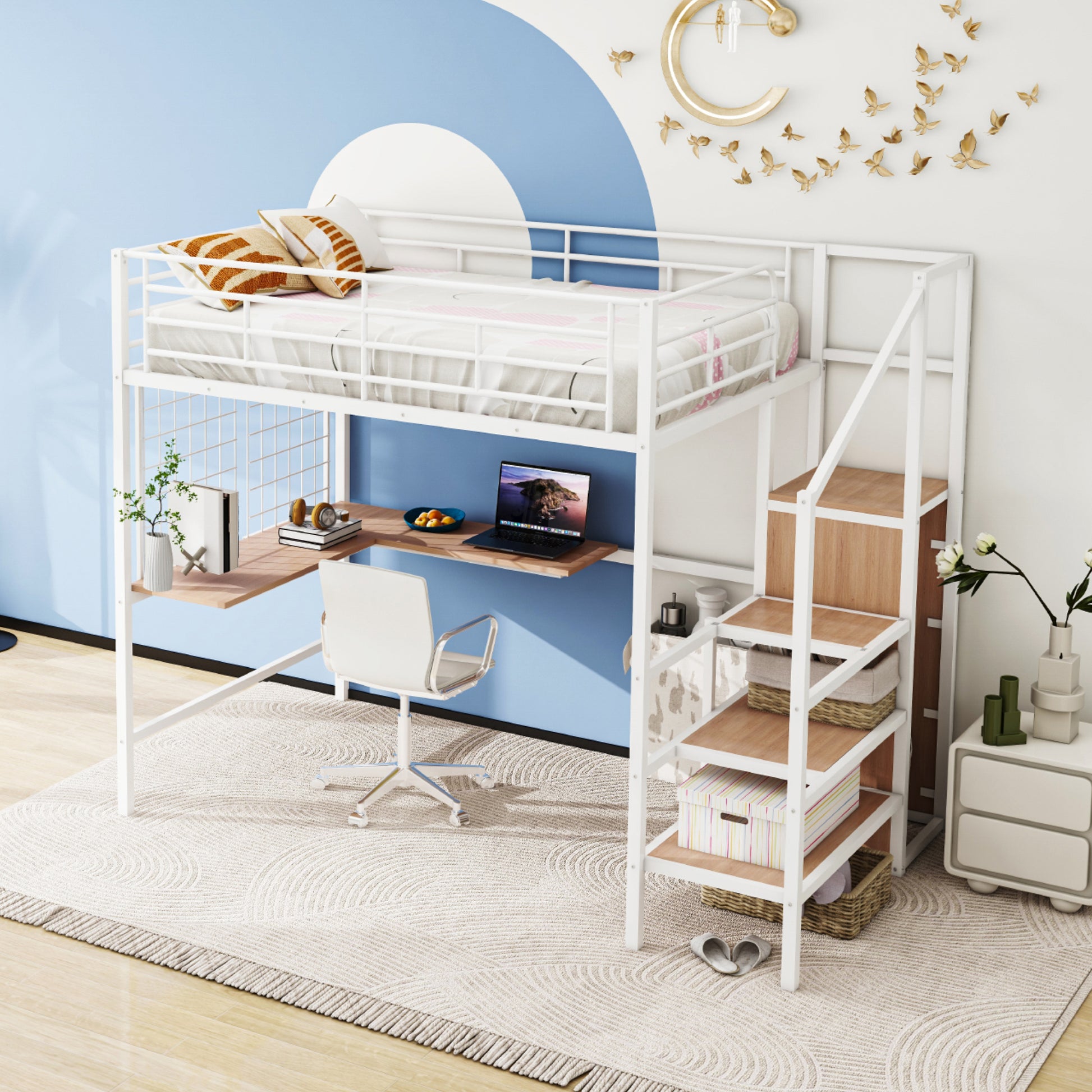 White metal loft bed with integrated desk and ladder