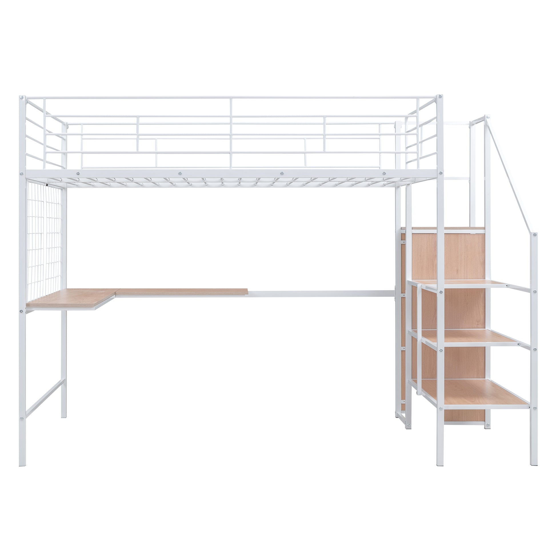 White metal loft bed with integrated desk and storage shelves