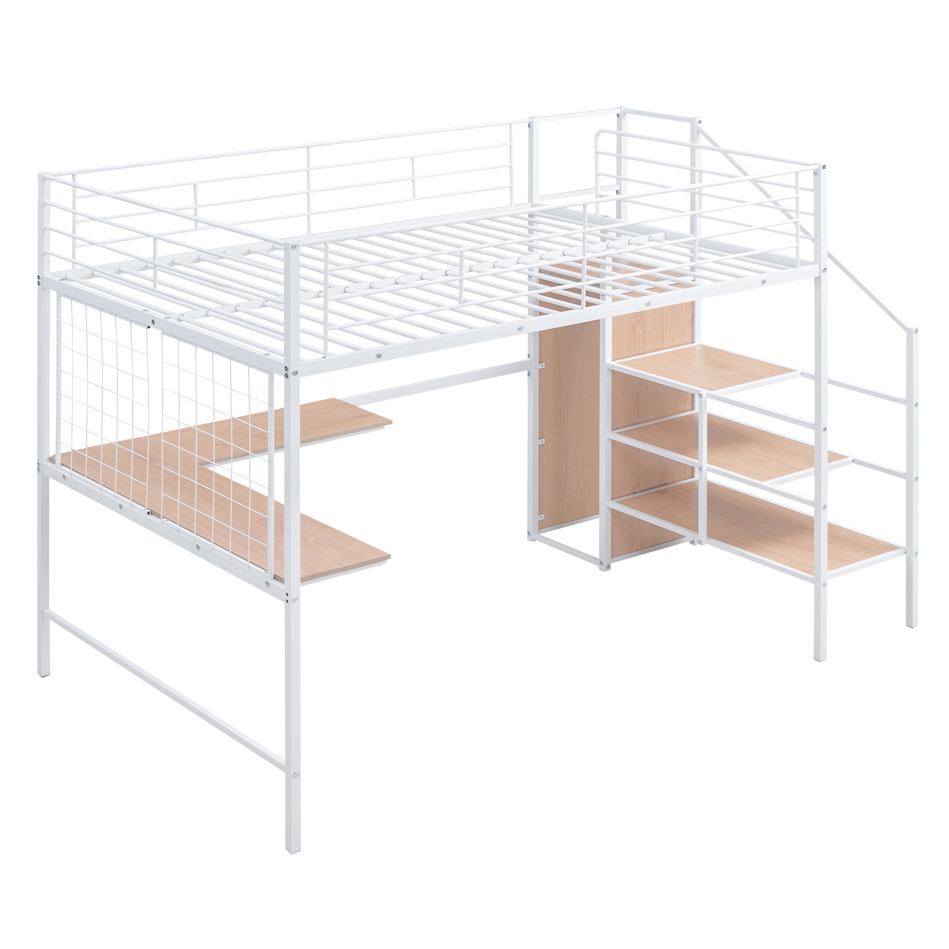 White metal loft bed with desk and stairs