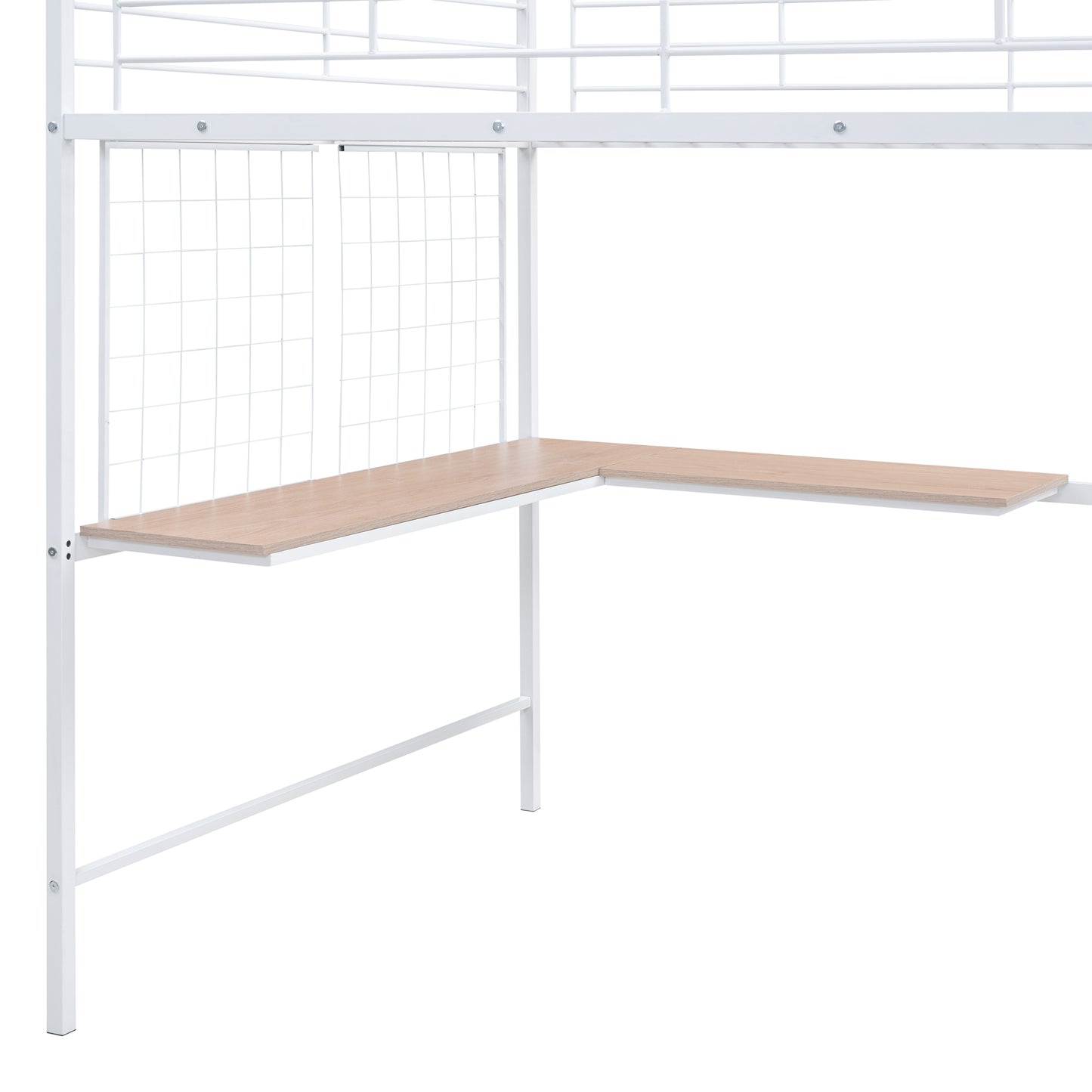 White metal loft bed frame with Lshaped desk and wood grain desktop