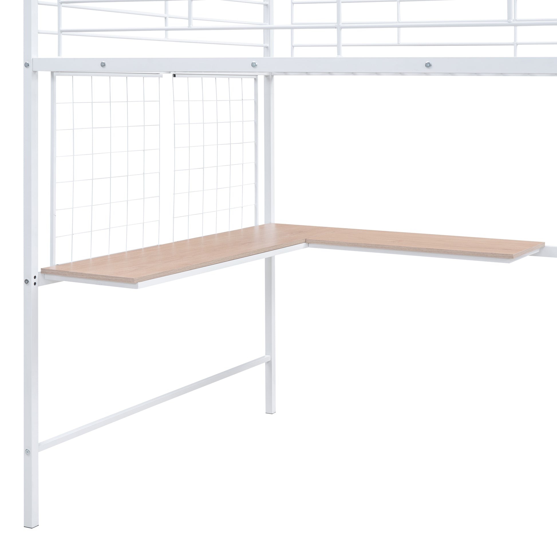 White metal loft bed frame with Lshaped desk and wood grain desktop
