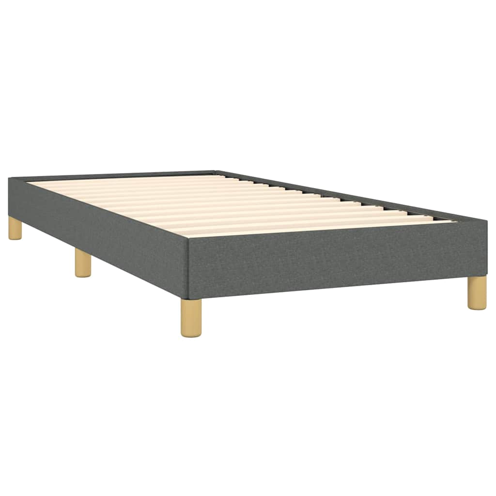 Single size upholstered bed frame in charcoal grey fabric with wooden legs