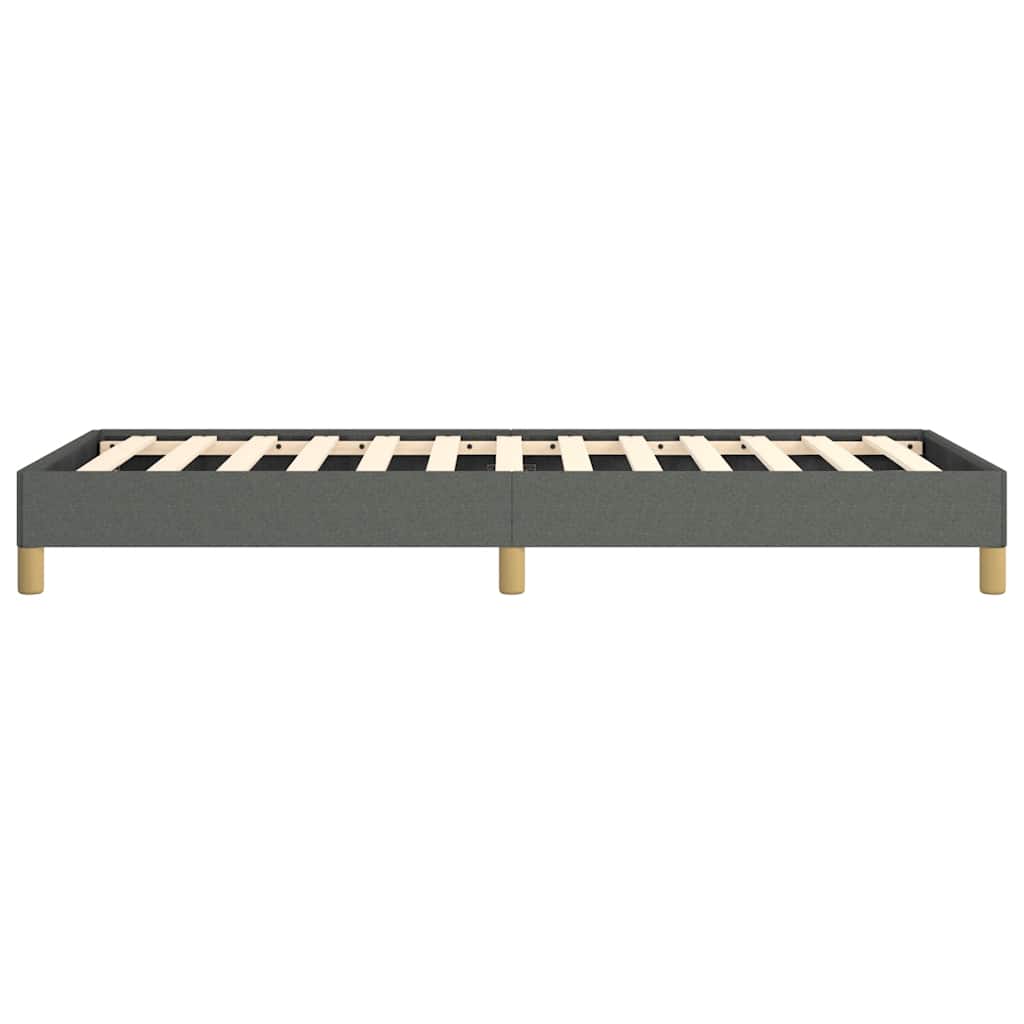 Grey fabric platform bed frame with wooden slats and legs