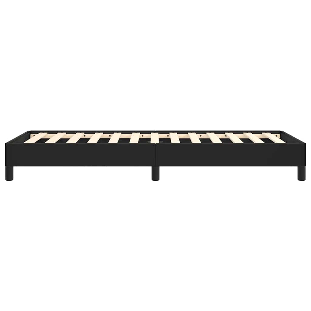 Black upholstered platform bed frame with wooden slats