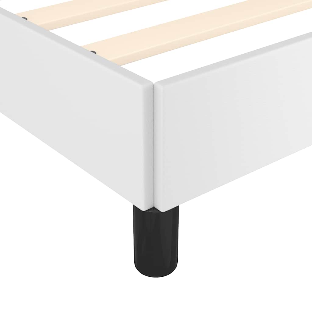 White platform bed frame with wooden slats and black legs