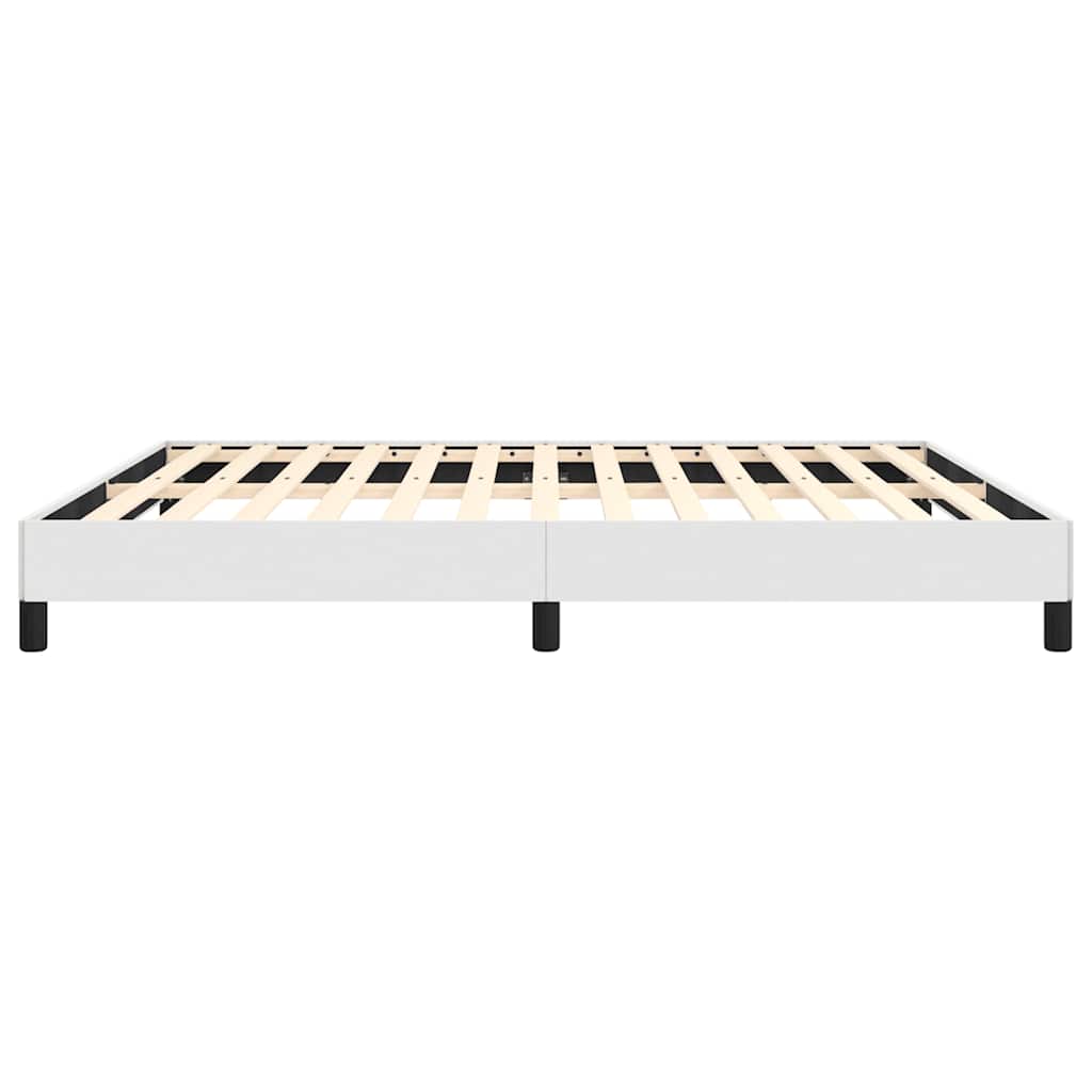 White metal bed frame with wooden slats and black legs