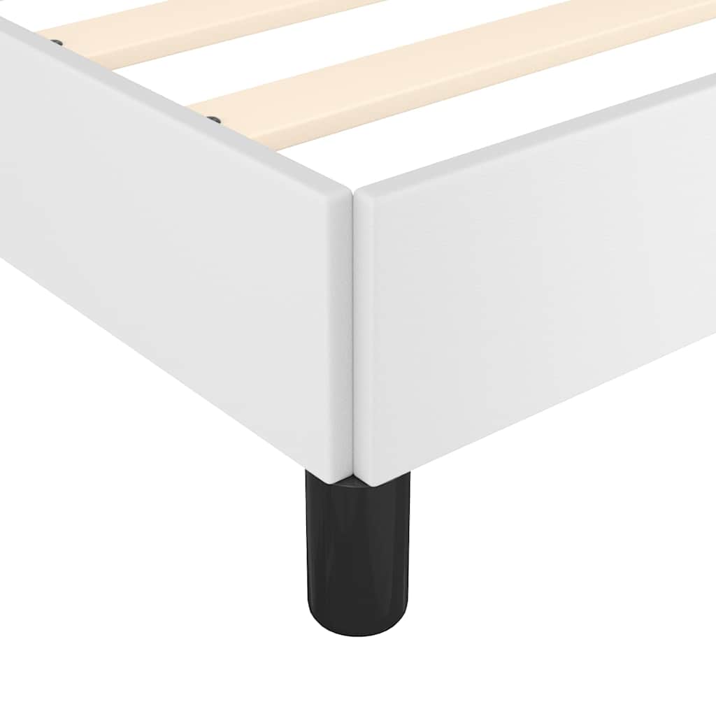 White metal bed frame with wooden slats and black legs