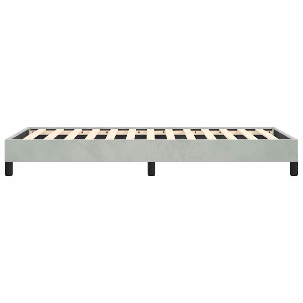 Modern grey upholstered bed frame with wooden slats