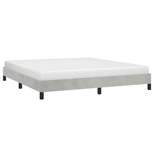 Modern grey fabric platform bed frame with white mattress
