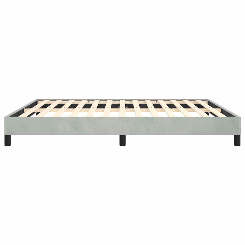 Light grey upholstered platform bed frame with wooden slats