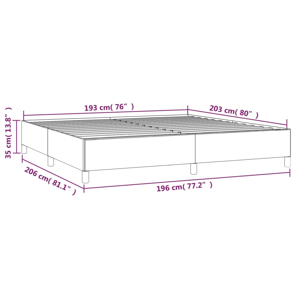 Closeup of upholstered light grey fabric bed frame corner with black cylindrical legs