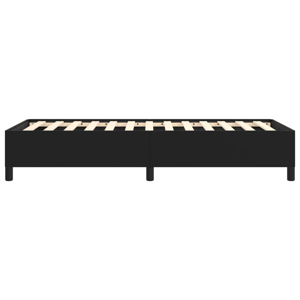 Black platform bed frame with wooden slats and four black legs