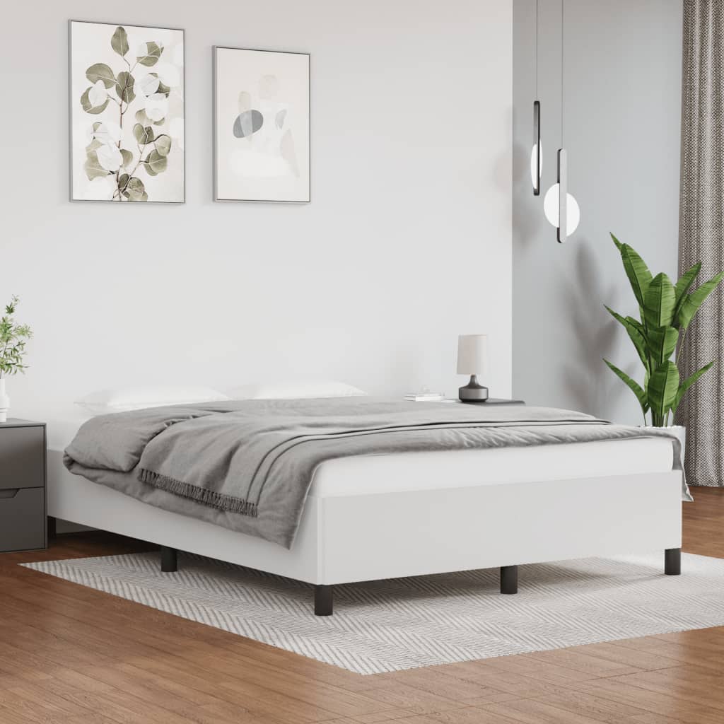 Modern white upholstered platform bed frame with black metal legs queen size