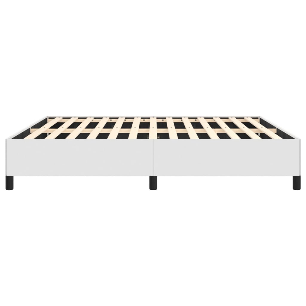 Modern white wooden platform bed frame with black legs and slatted base