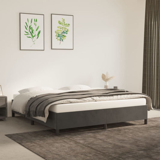 Modern grey upholstered queen bed frame with dark wood legs