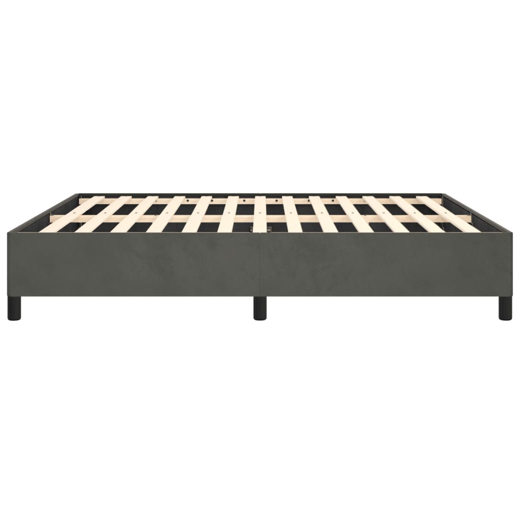 Gray upholstered platform bed frame with wooden slats