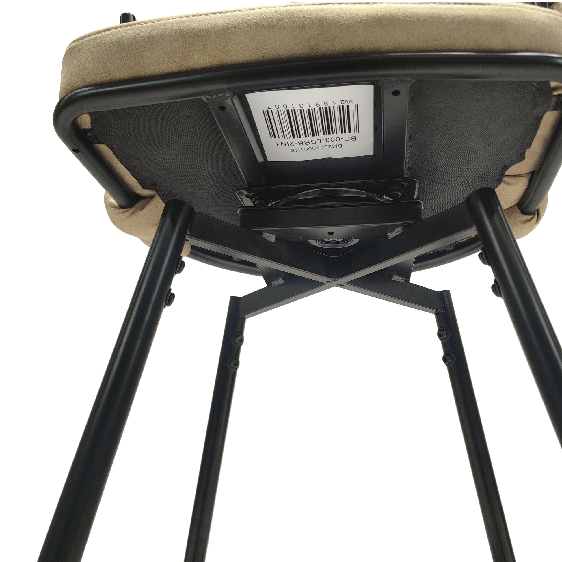 Tan suede upholstered stool seat base with black metal frame and legs
