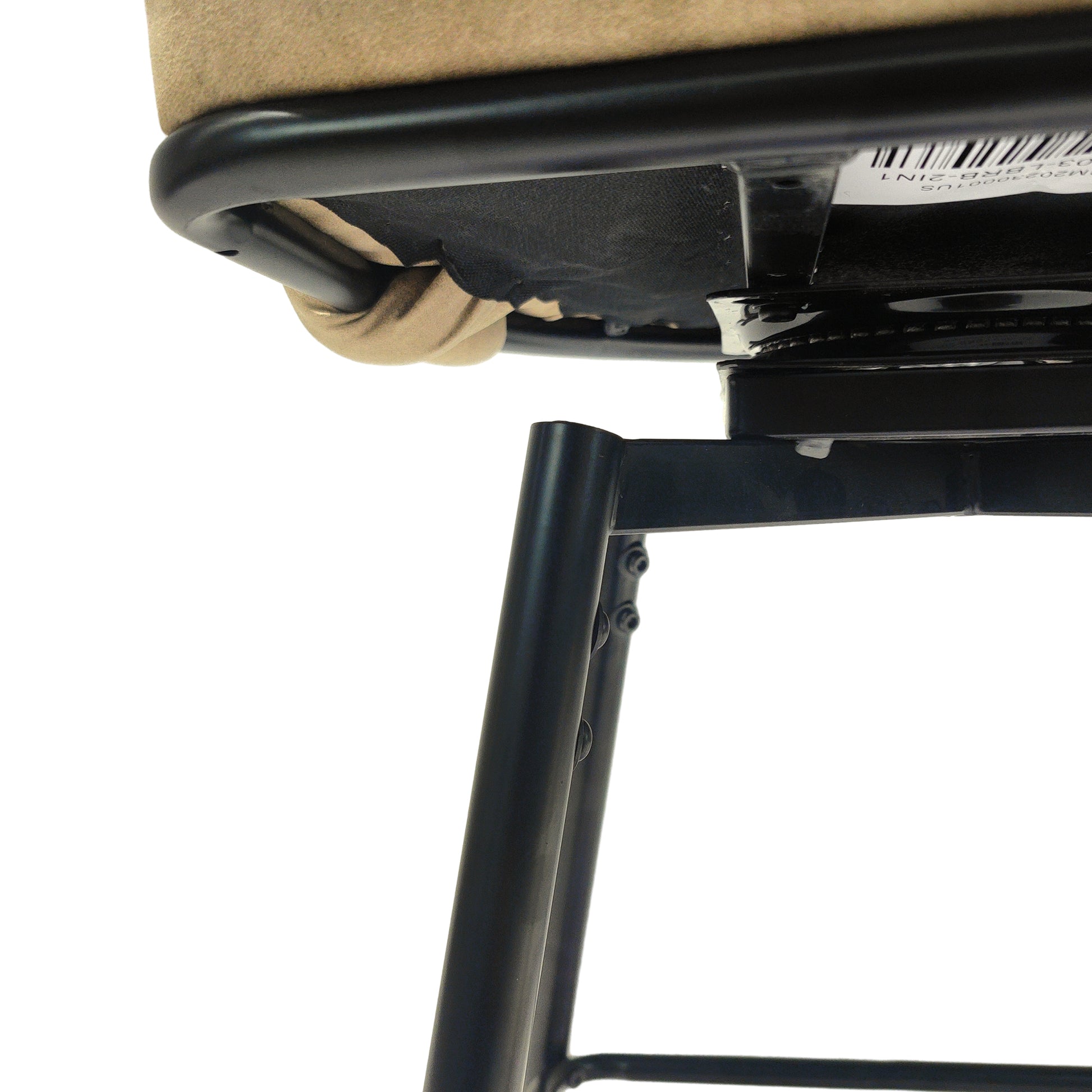 Black metal stool base with a beige upholstered seat