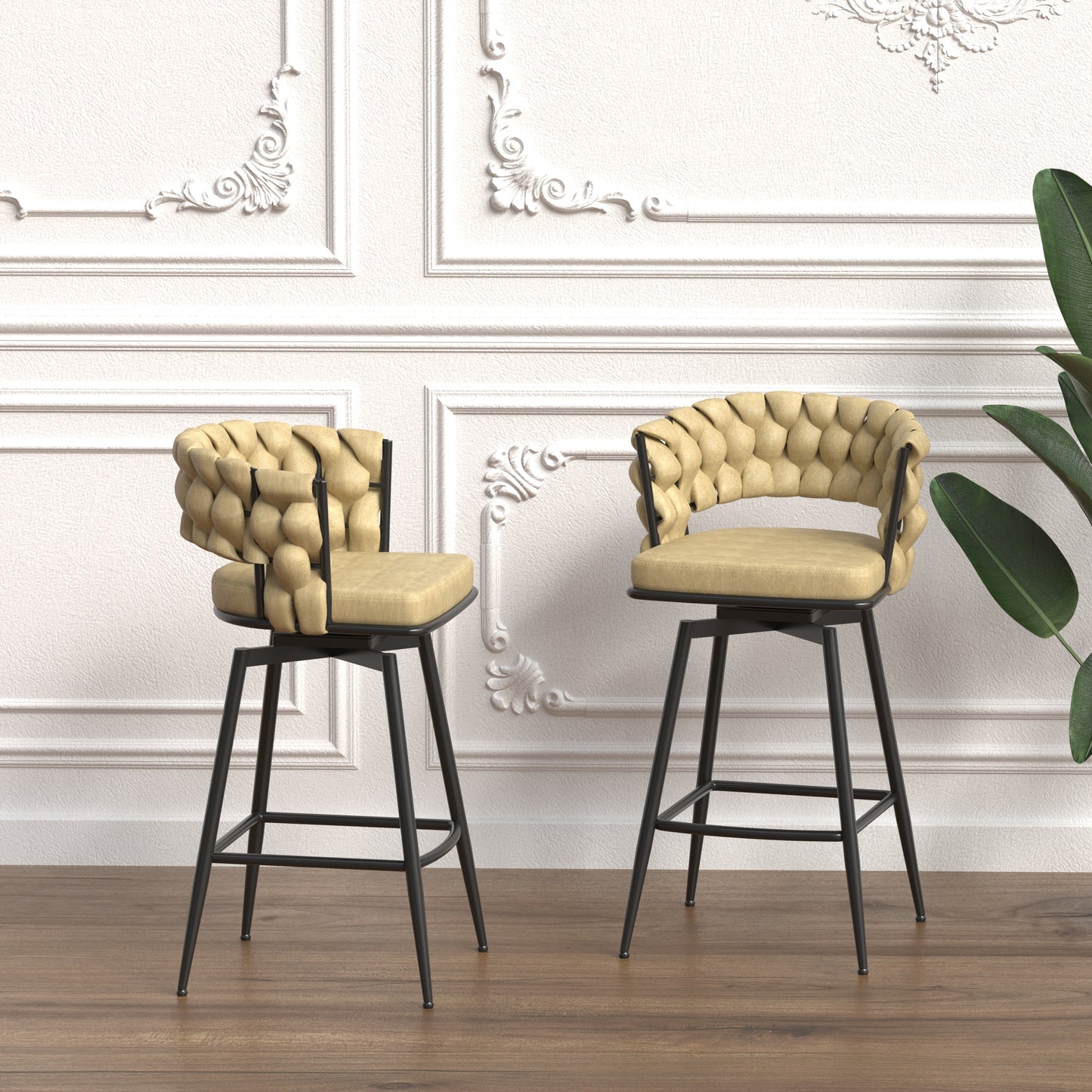Pair of tufted beige swivel bar stools with black metal legs