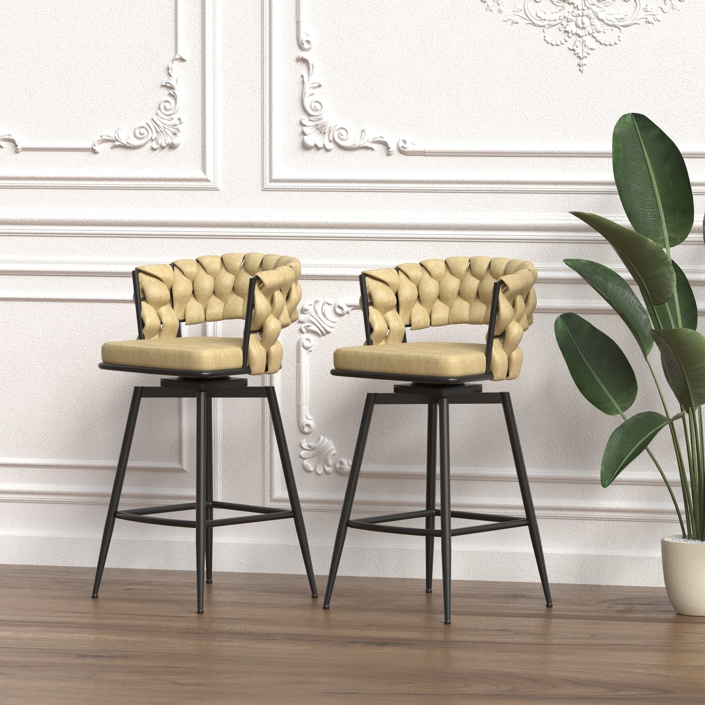 Pair of beige woven back bar stools with black metal legs