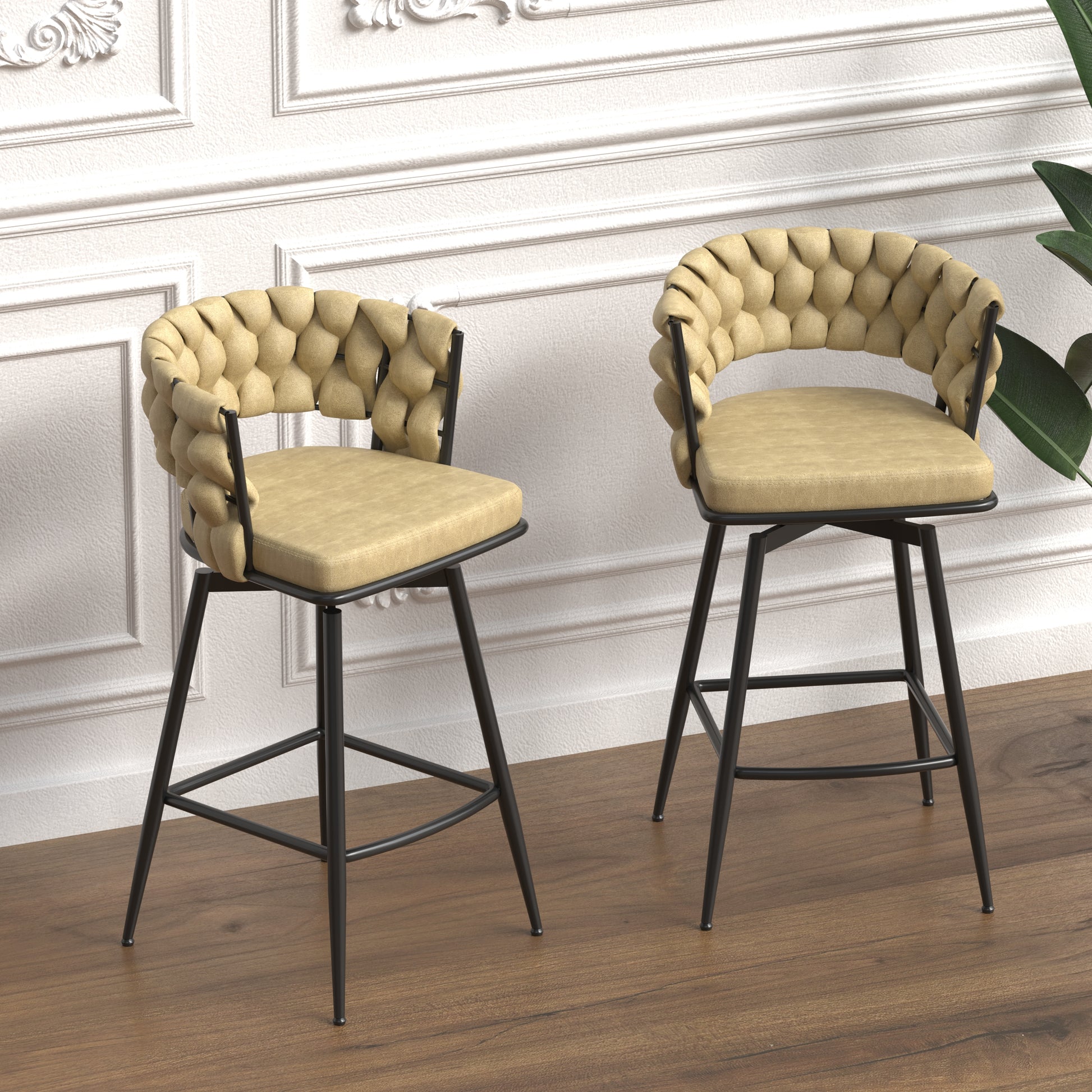 Beige woven back counter stool with black metal legs and swivel seat