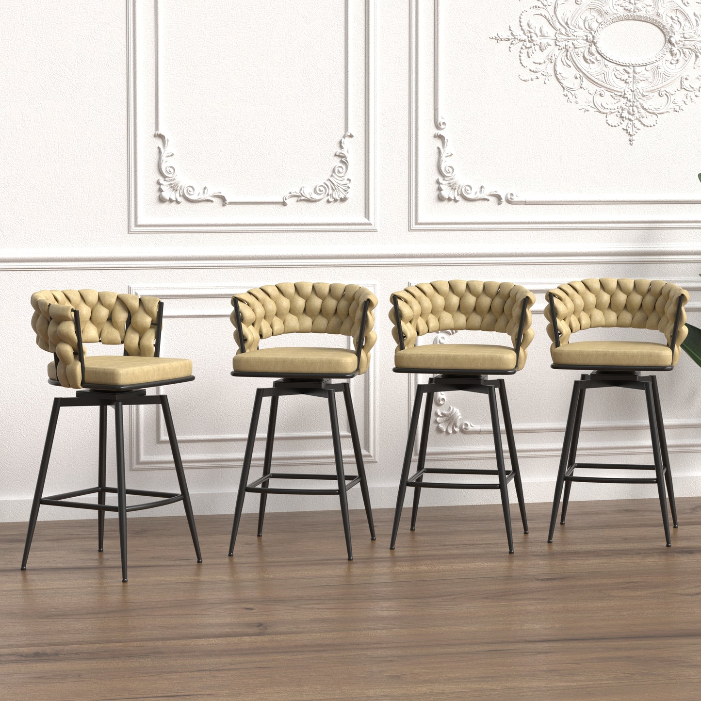 Yellow tufted swivel bar stool with black metal legs