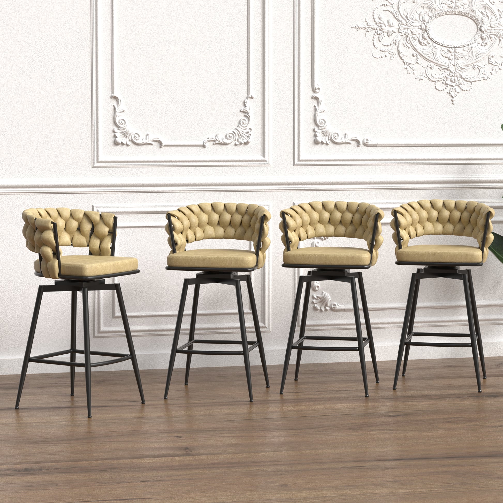 Yellow tufted swivel bar stool with black metal legs