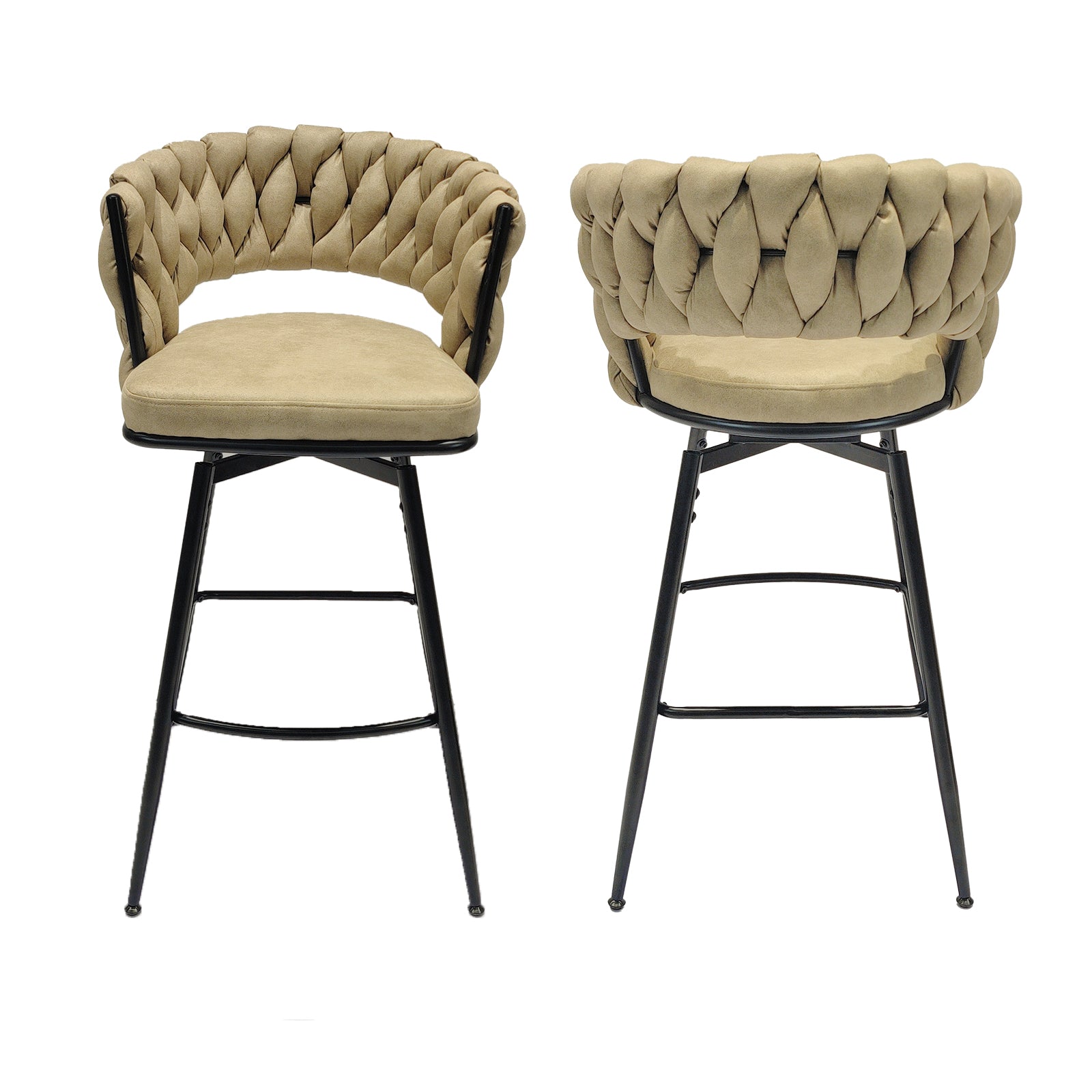 Tan upholstered bar stool with braided backrest and black metal legs