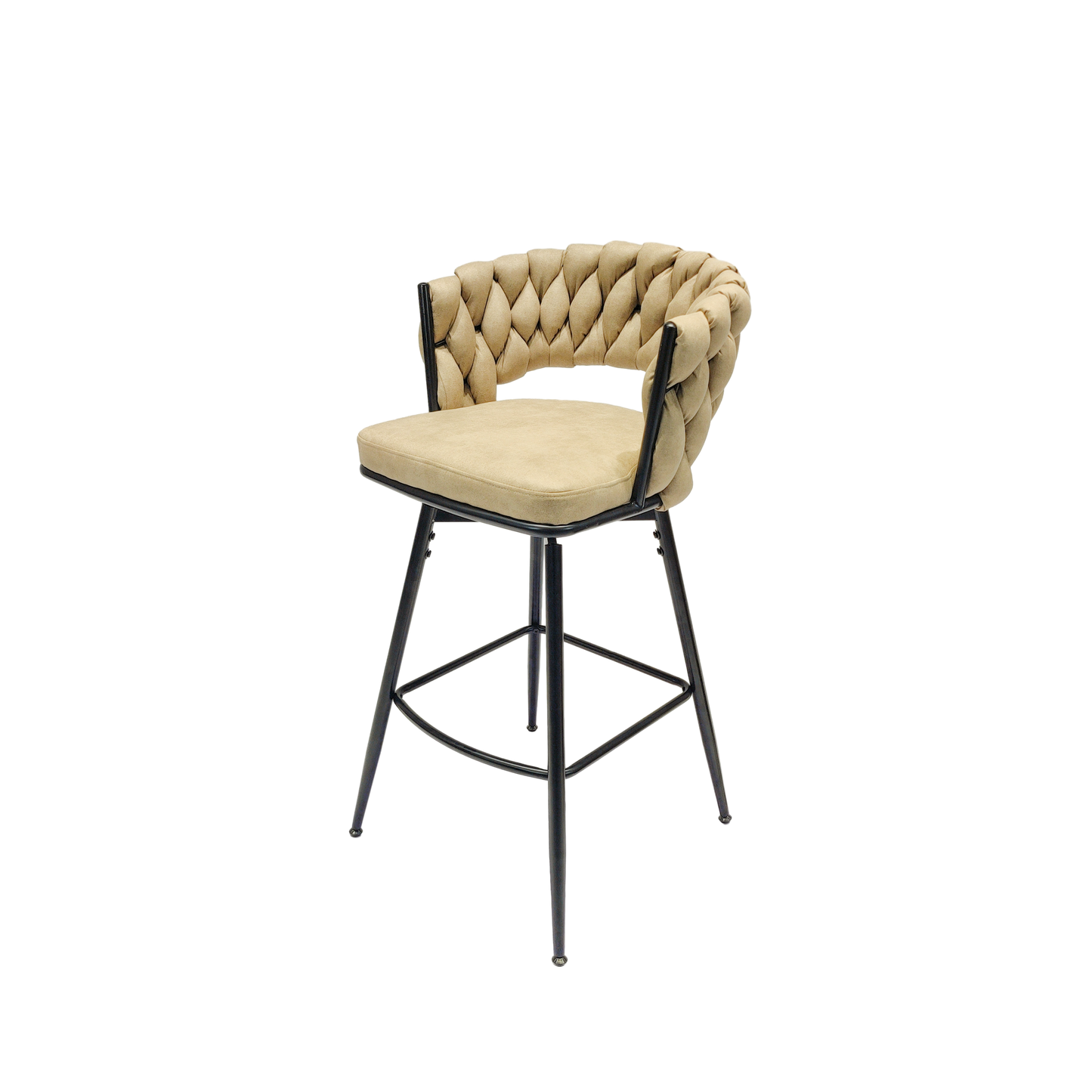 Beige upholstered bar stool with braided back detail and black metal frame