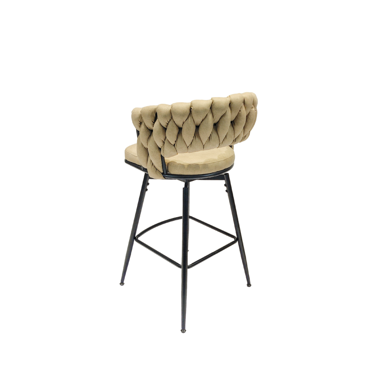 Beige tufted back bar stool with a round seat and metal legs