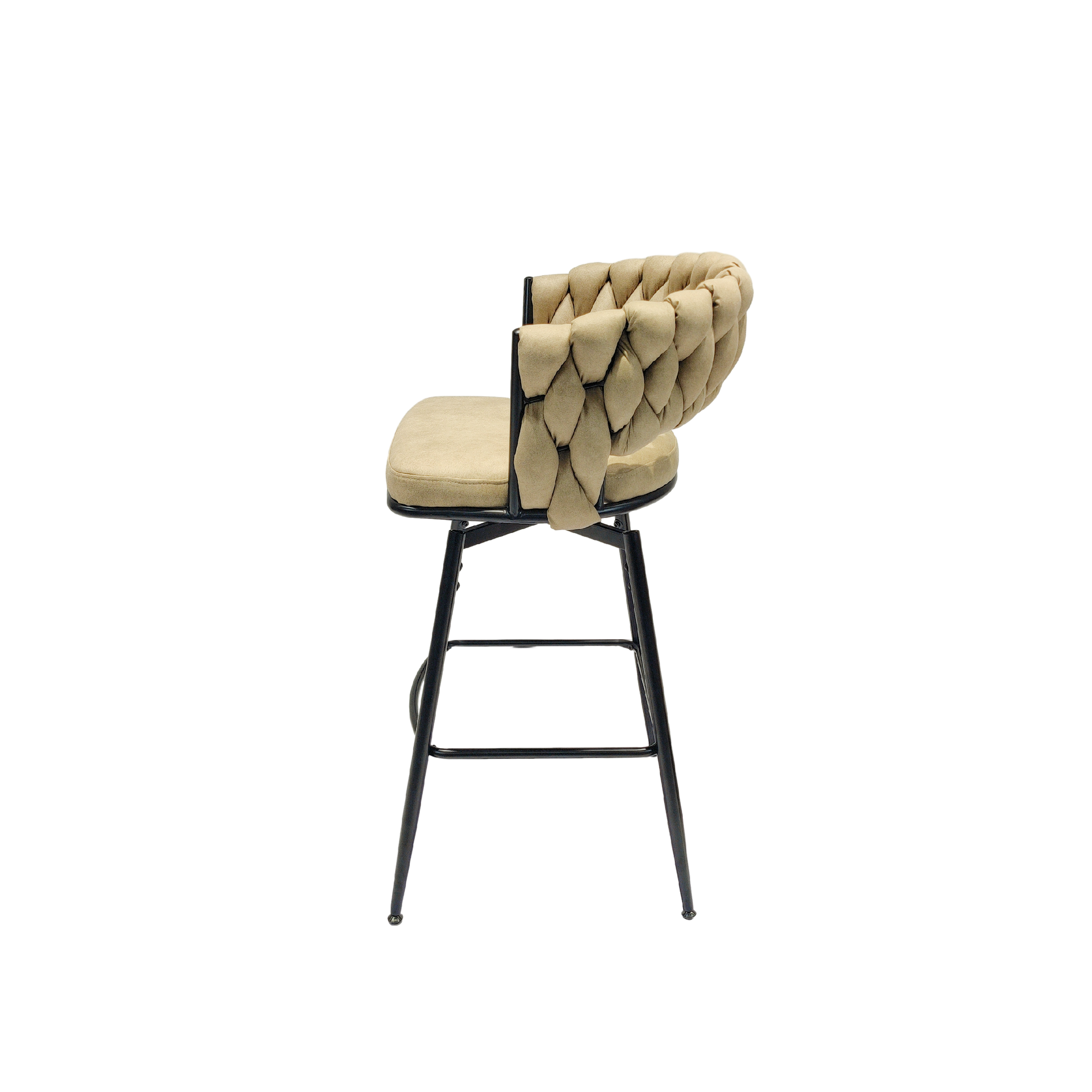 Beige upholstered bar stool with woven backrest and black metal legs