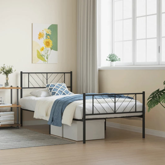 Black metal twin bed frame with geometric headboard detail