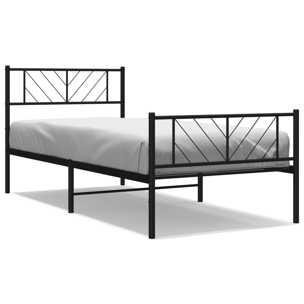 Line drawing of a white metal bed frame with dimensions indicated