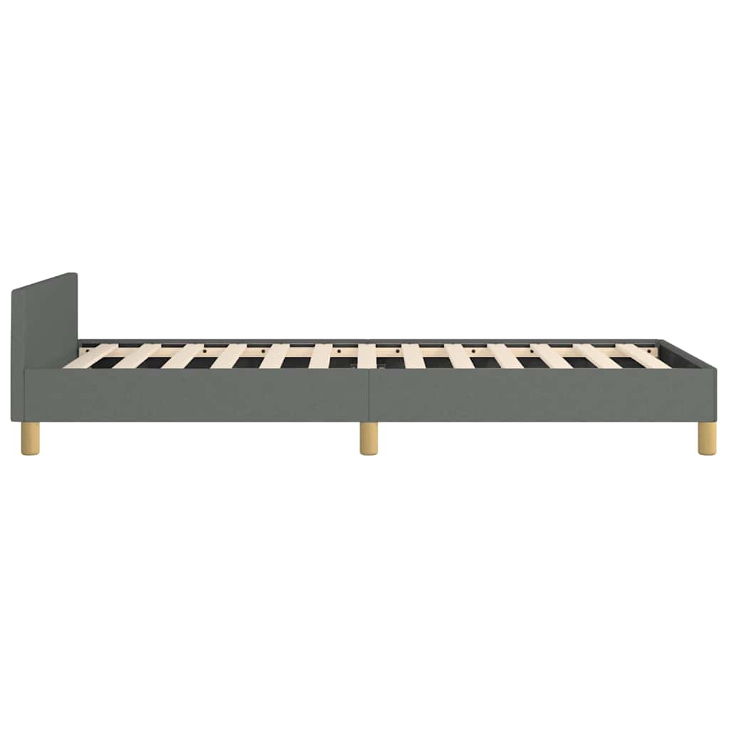 Dark grey fabric twin bed frame with wooden slats and gold legs