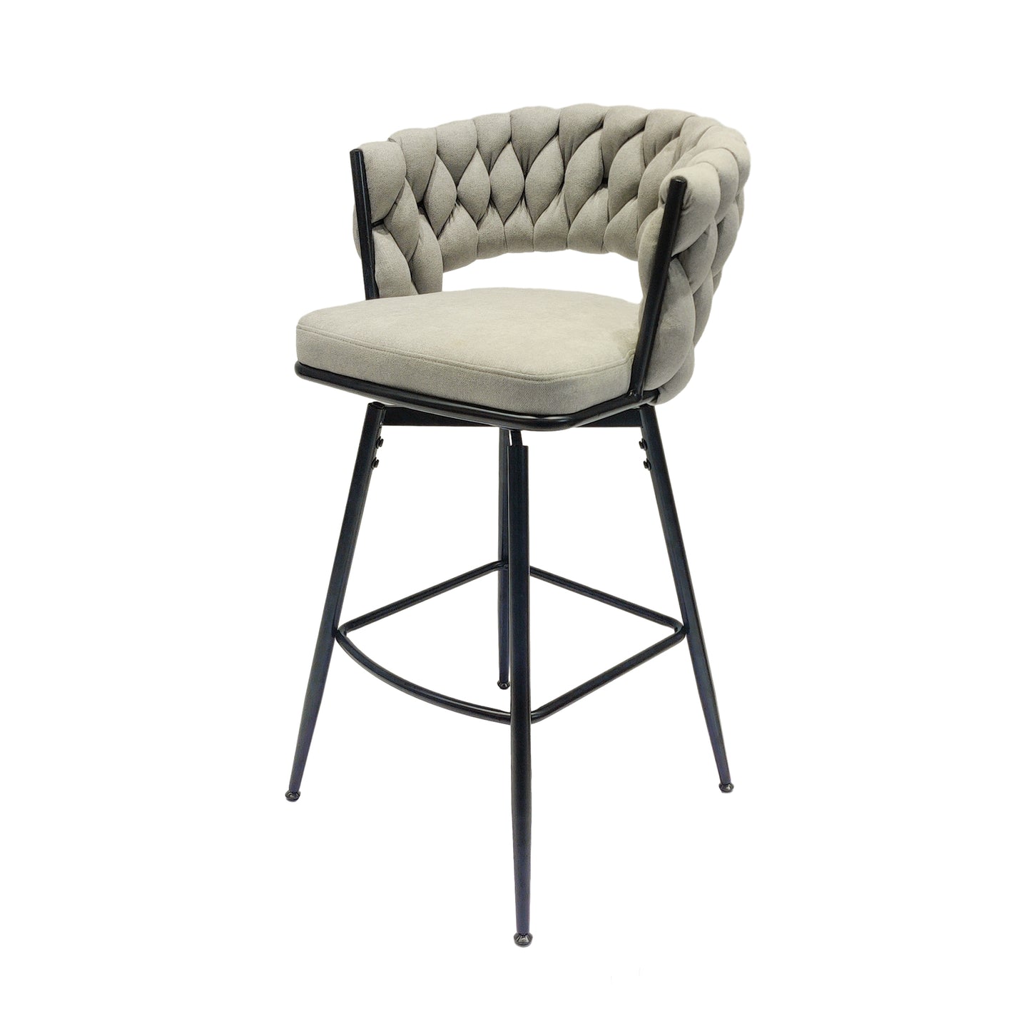 Textured grey bar stool with braided backrest and black metal legs