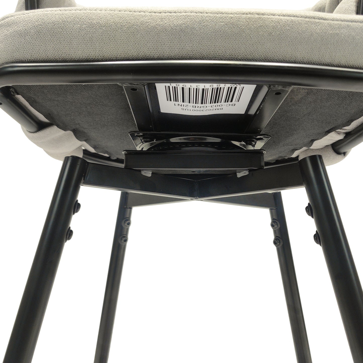 Closeup of underside of grey upholstered swivel stool with black metal legs and barcode