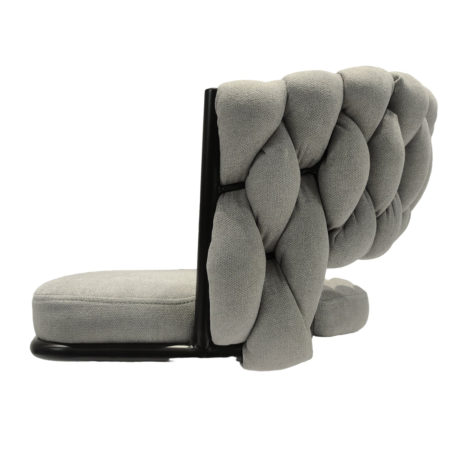 Gray upholstered accent chair with braided backrest and black metal frame