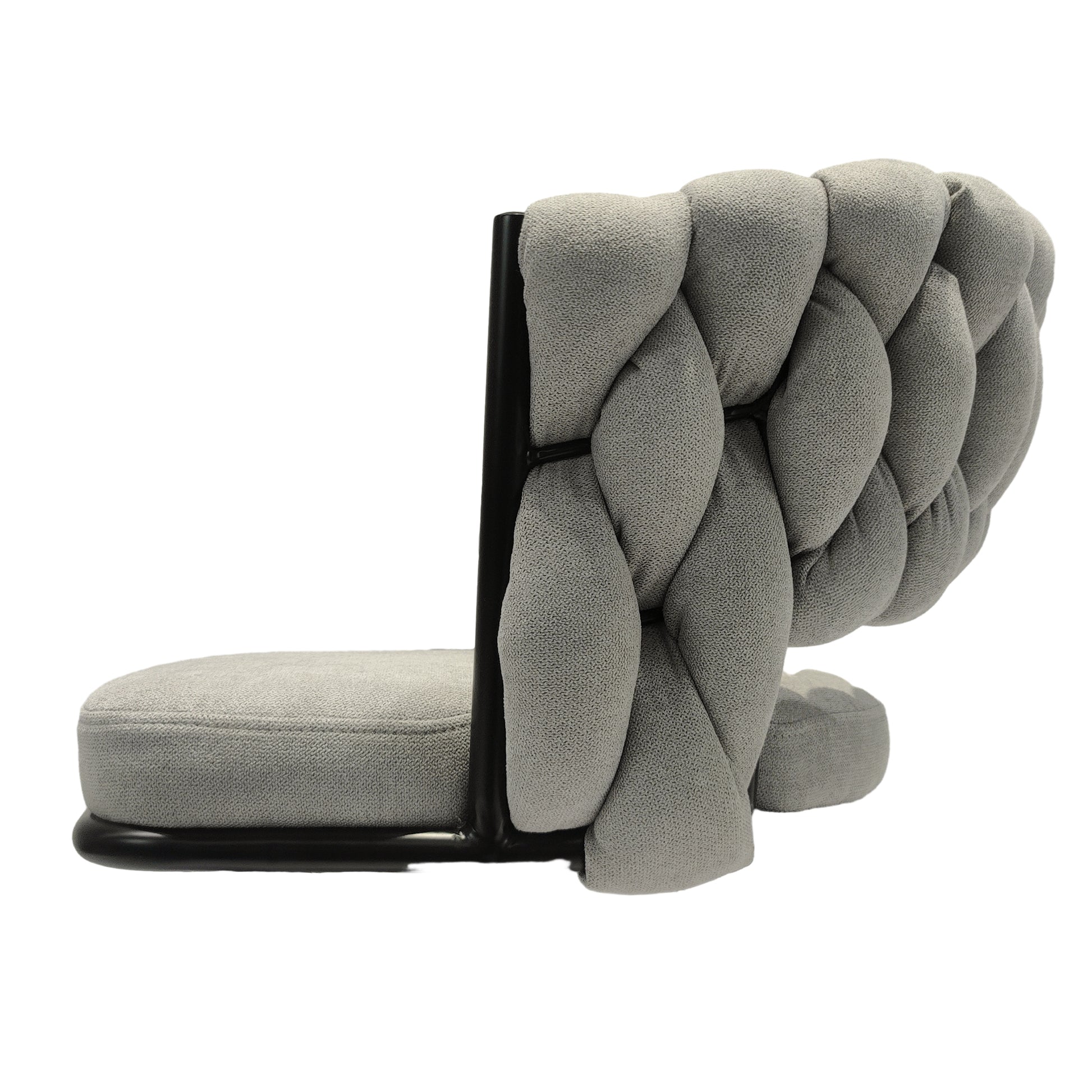Gray upholstered accent chair with braided backrest and black metal frame