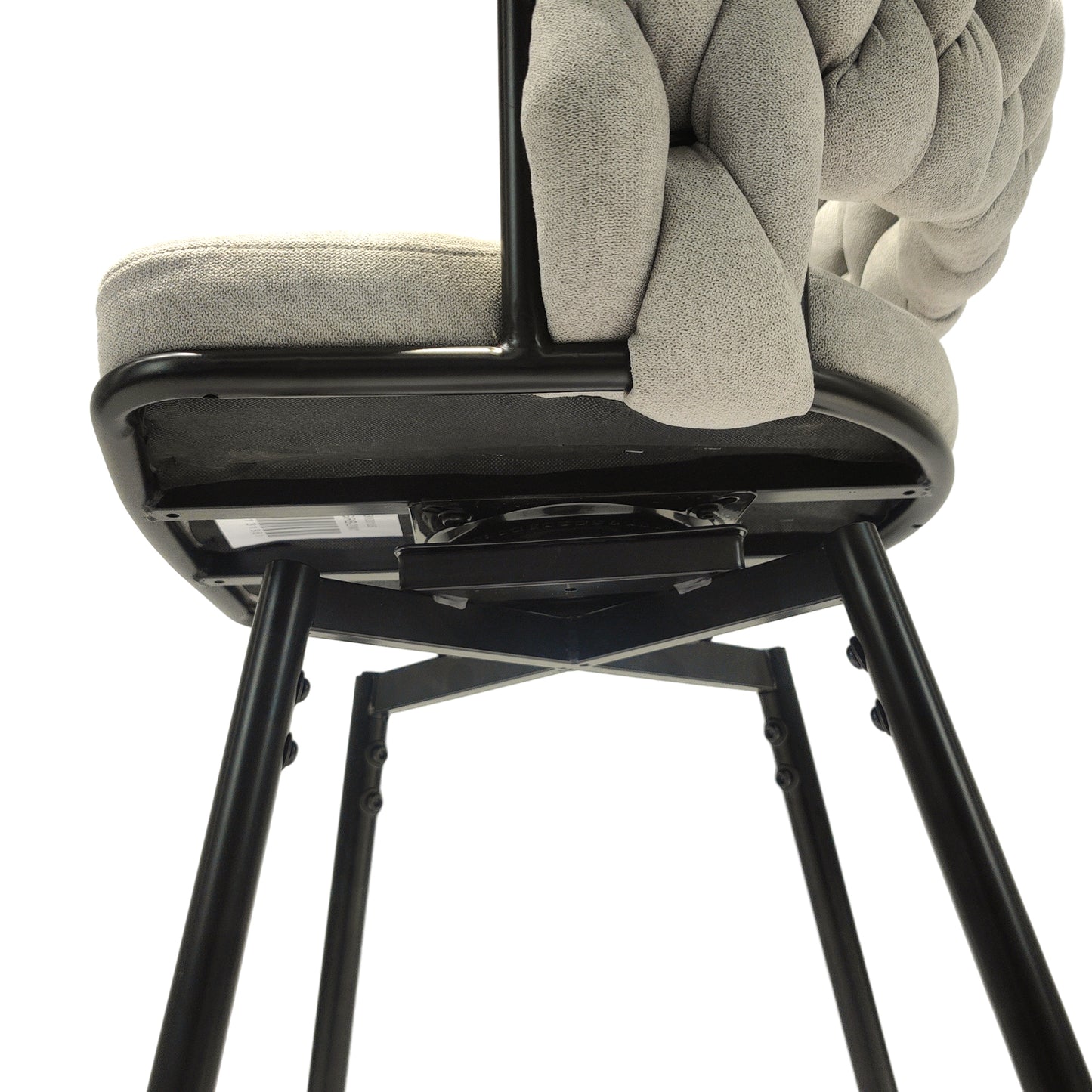 Gray upholstered swivel chair with woven backrest detail and black metal legs