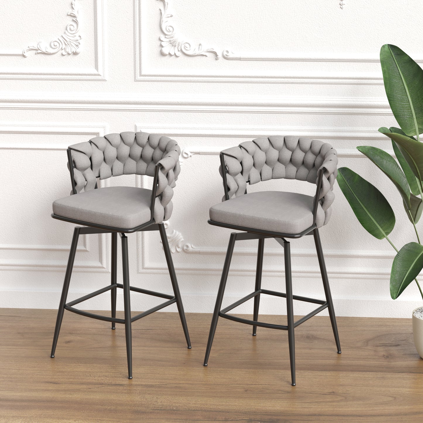 Gray upholstered swivel bar stool with braided backrest detail