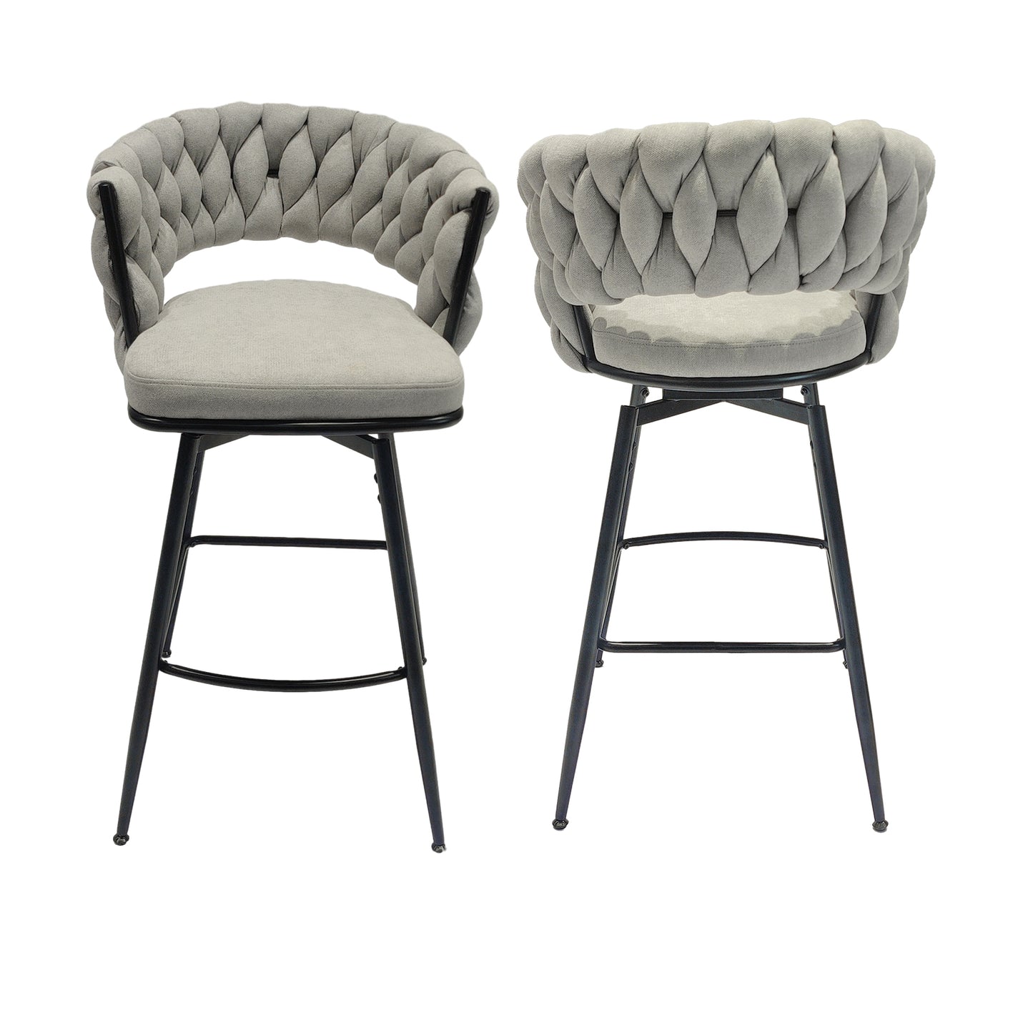 Light gray upholstered bar stool with braided backrest