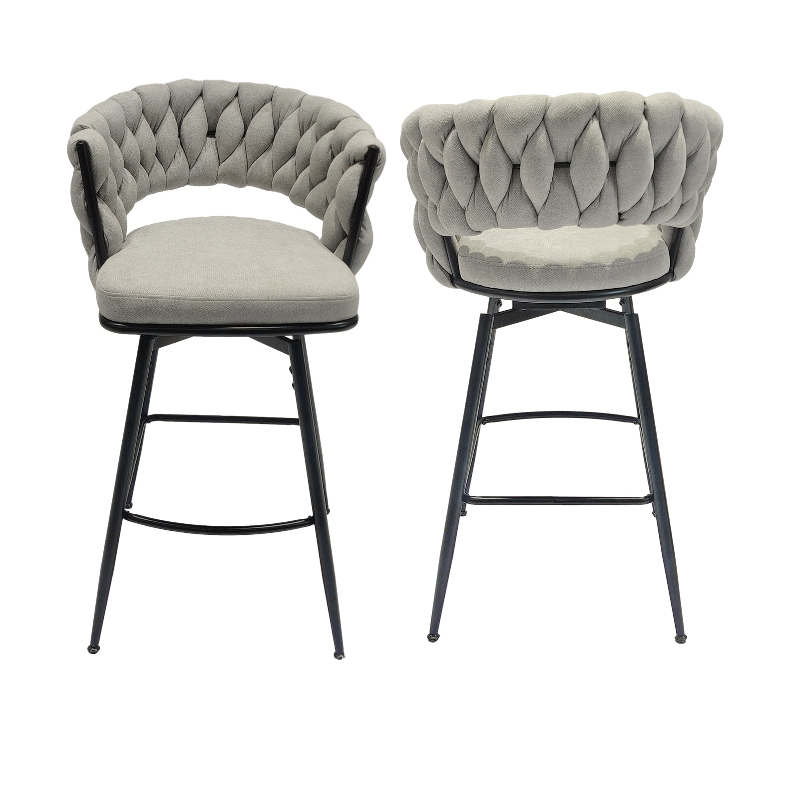 Light gray upholstered bar stool with braided backrest