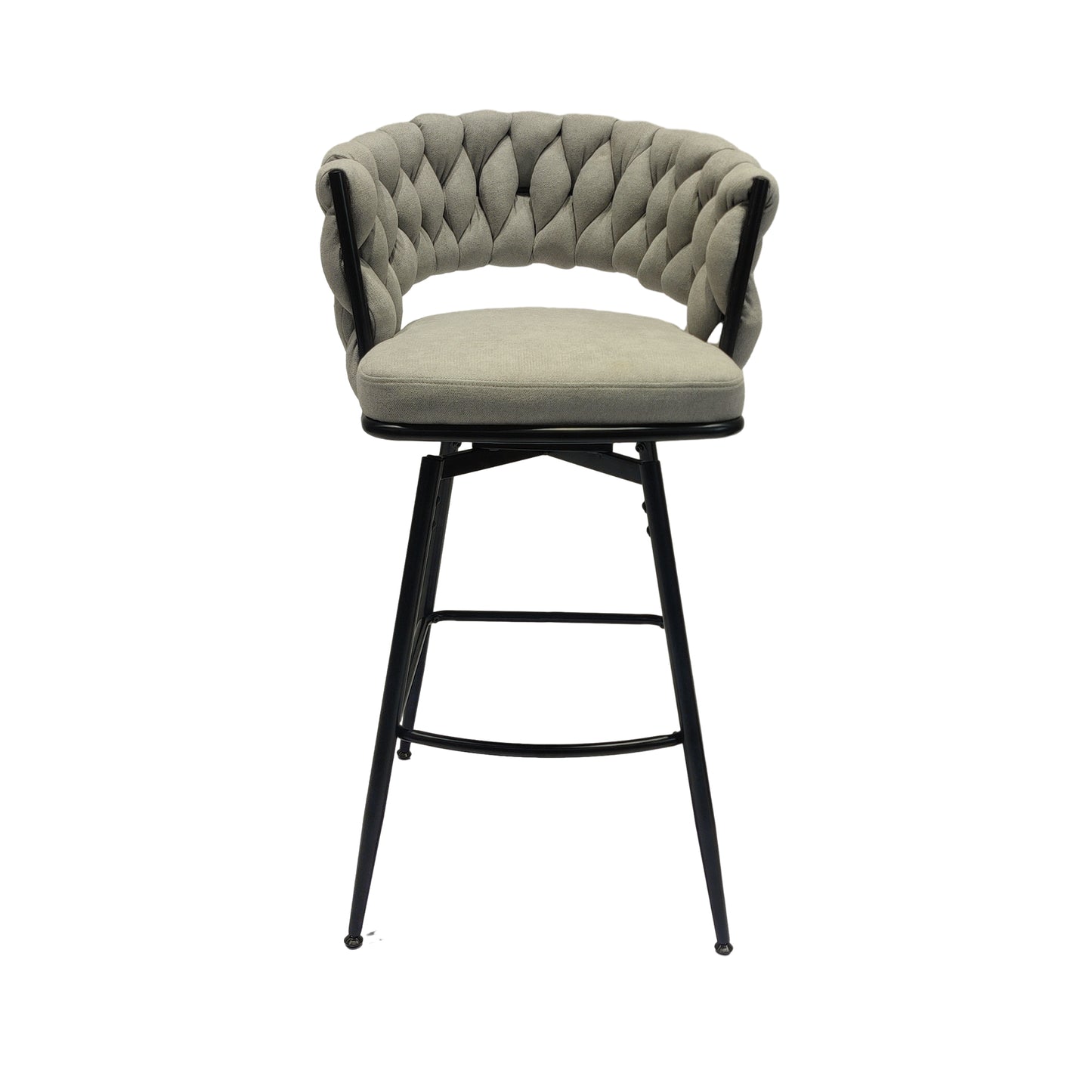 Textured grey fabric swivel bar stool with braided back detail