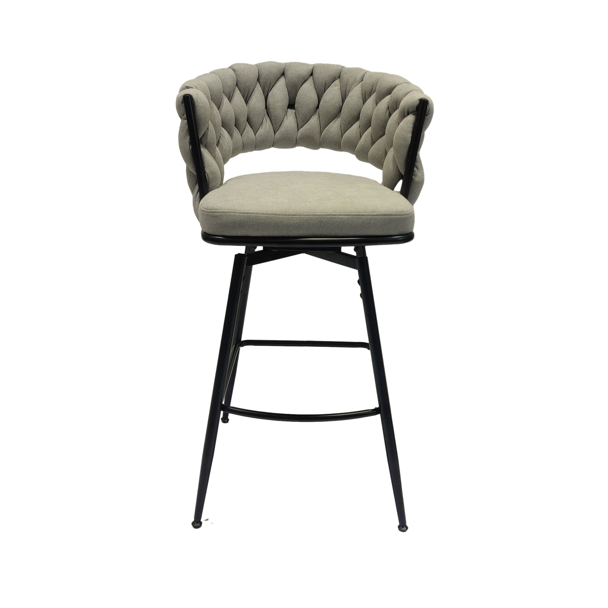 Textured grey fabric swivel bar stool with braided back detail