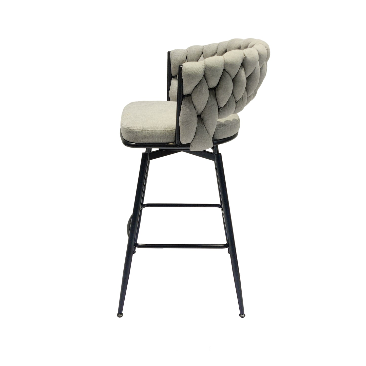Gray fabric bar stool with braided backrest and black metal legs