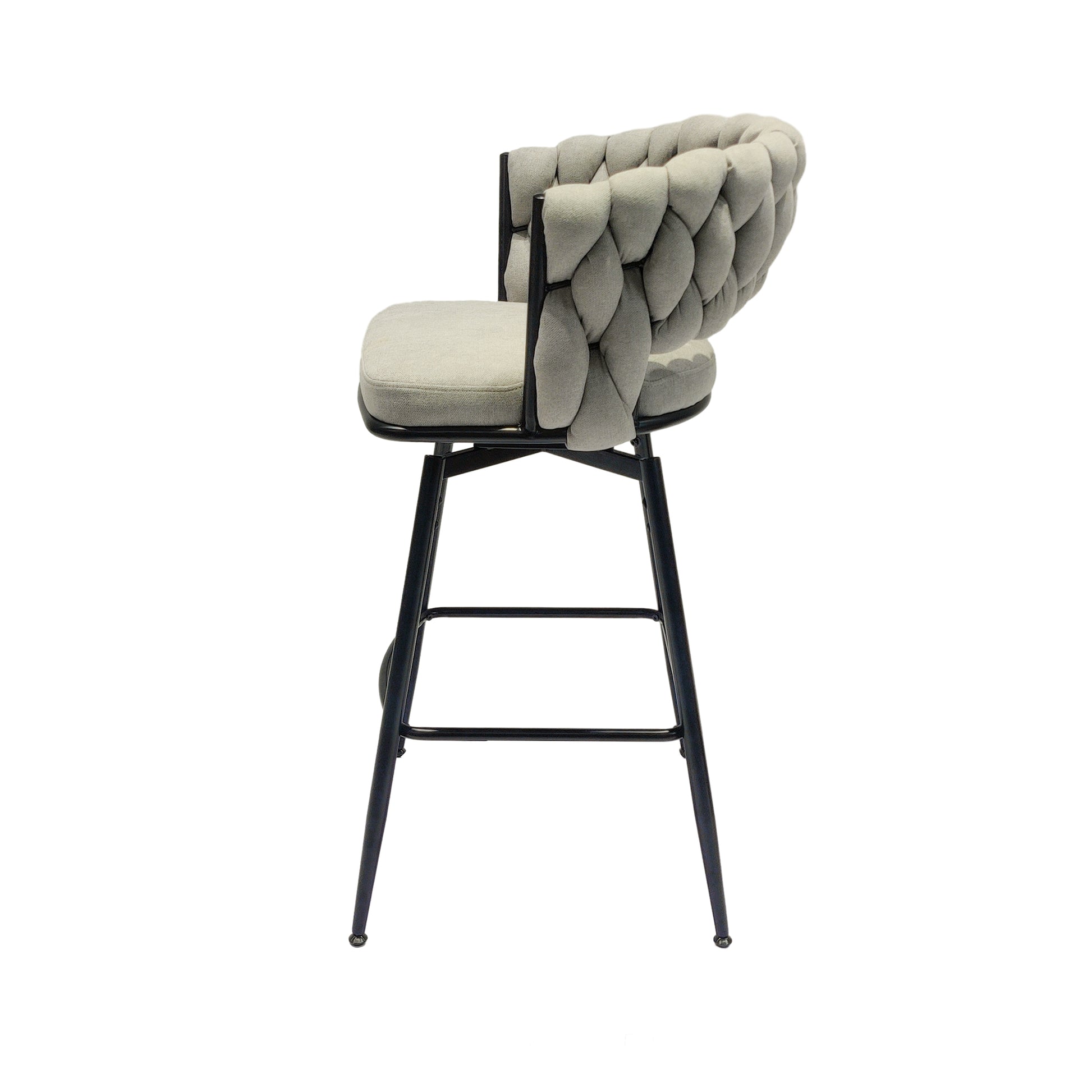 Gray fabric bar stool with braided backrest and black metal legs