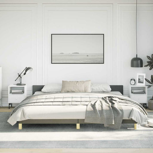 Modern platform bed frame with upholstered headboard and gold legs